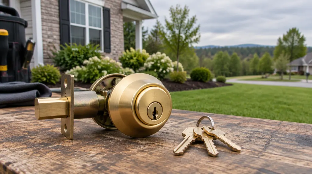 A new brass deadbolt lock and a set of keys on a locksmith’s workbench in Fort Mill, SC