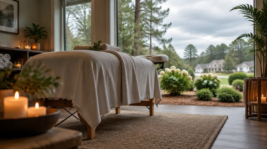 A calm massage room with a draped table and candles in Fort Mill, SC