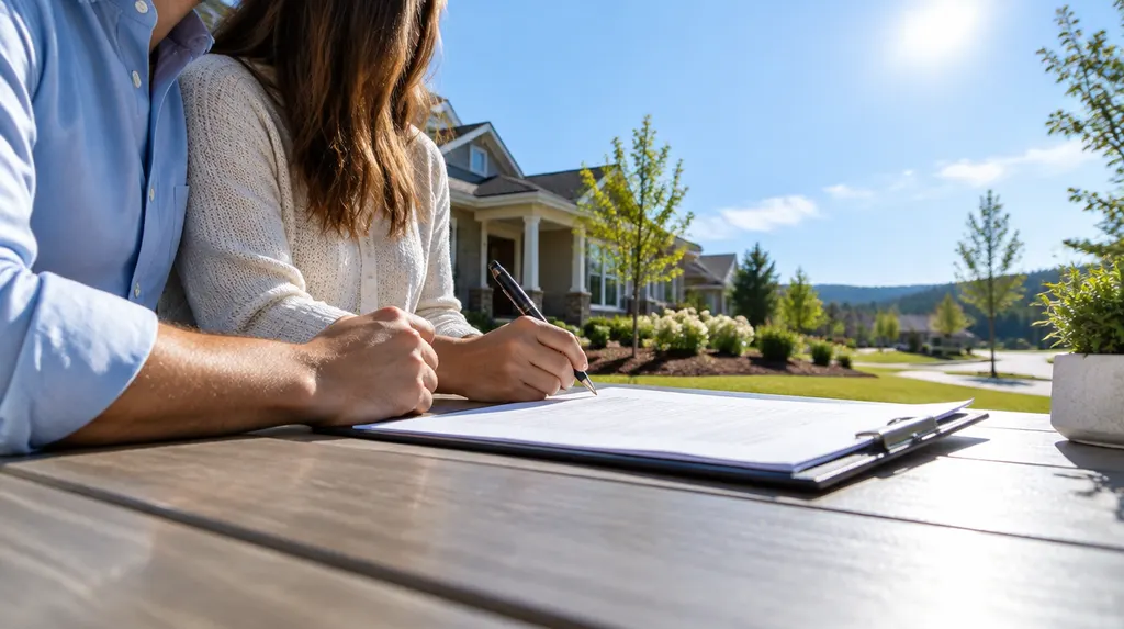A couple signing loan papers at a table in Fort Mill, SC