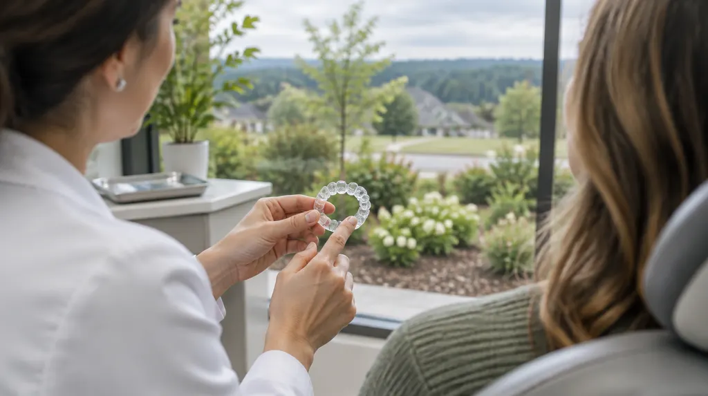 An orthodontist showing a clear aligner tray in Fort Mill, SC