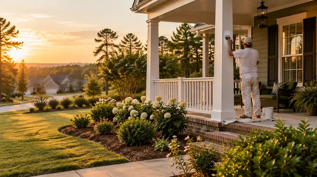 A painter brushing white trim on a porch in Fort Mill, SC