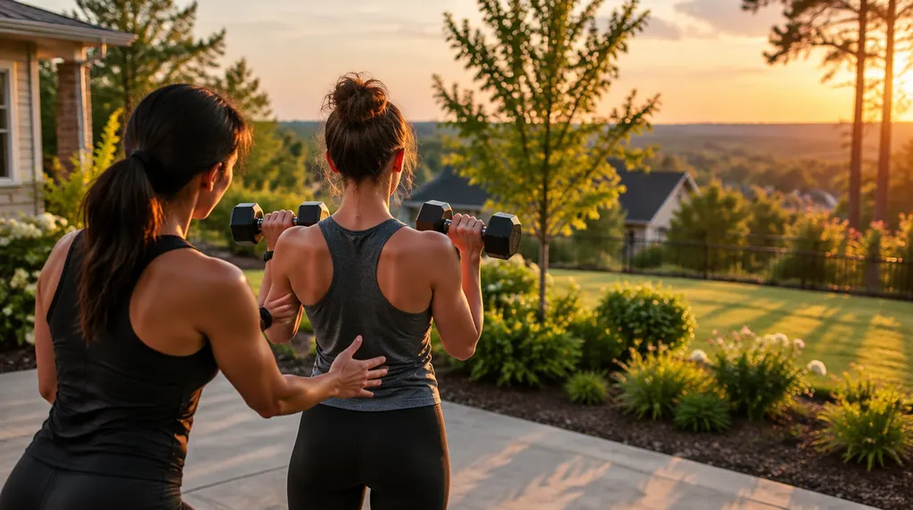 A personal trainer coaching a client with dumbbells in Fort Mill, SC