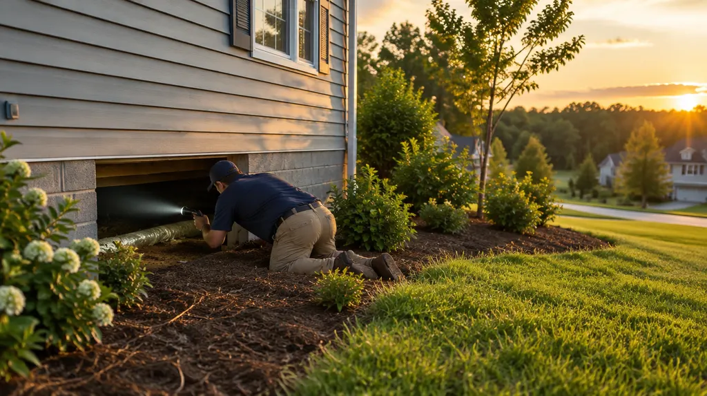 A technician inspecting a crawl space with a flashlight in Fort Mill, SC