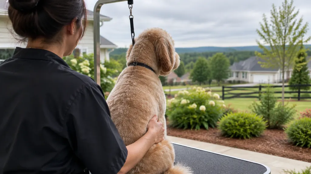 A freshly groomed dog on a grooming table in Fort Mill, SC