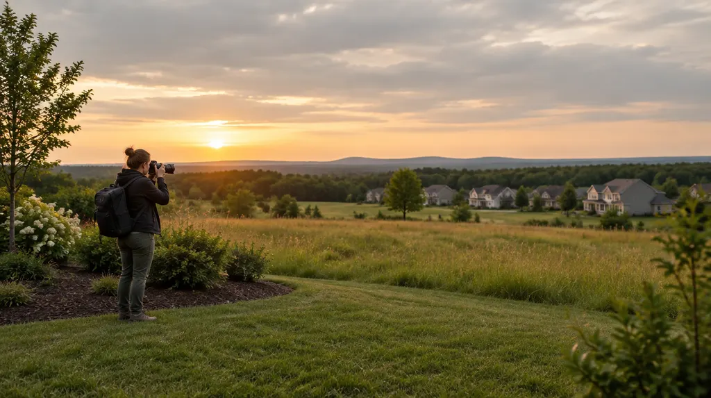 A photographer holding a camera at a golden-hour field in Fort Mill, SC