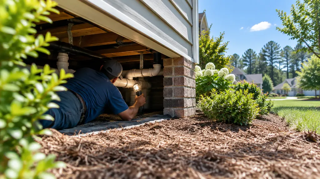 A plumber checking pipes in a crawl space with a work light in Fort Mill, SC