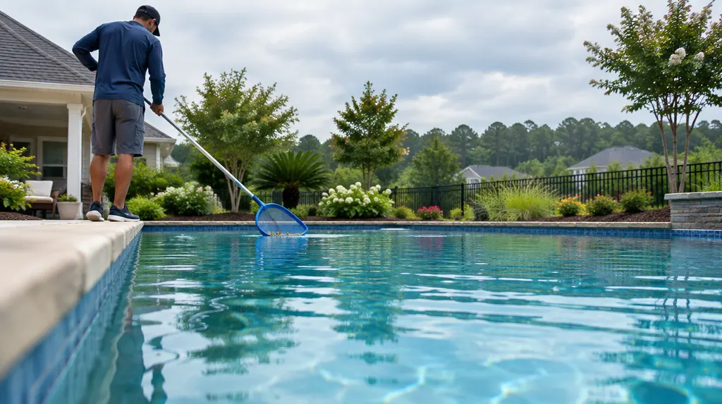 A pool technician skimming a sparkling backyard pool in Fort Mill, SC
