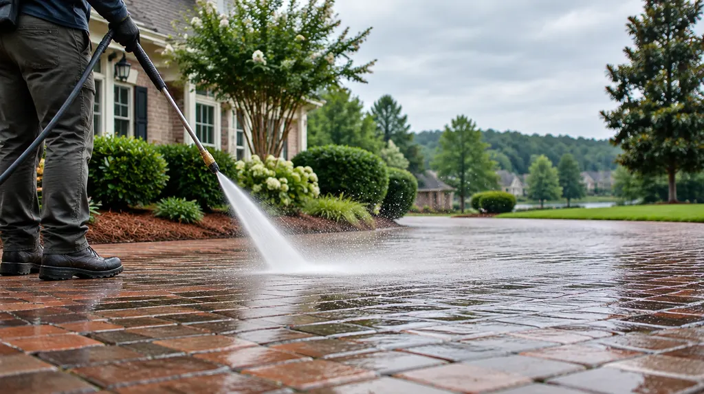 Pressure washing a brick driveway with sparkling spray in Fort Mill, SC