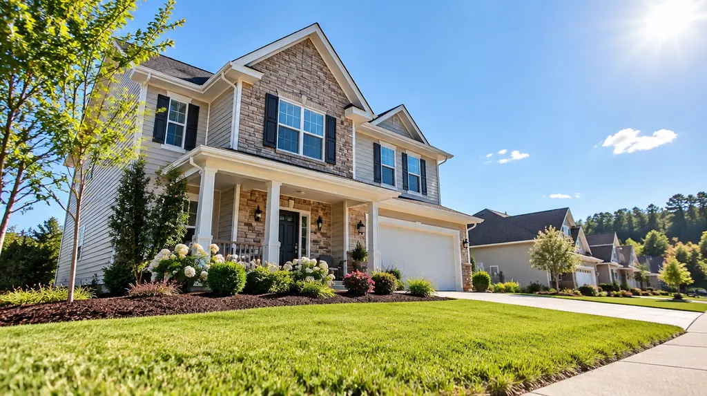 A for-sale home exterior on a sunny street with no sign text in Fort Mill, SC