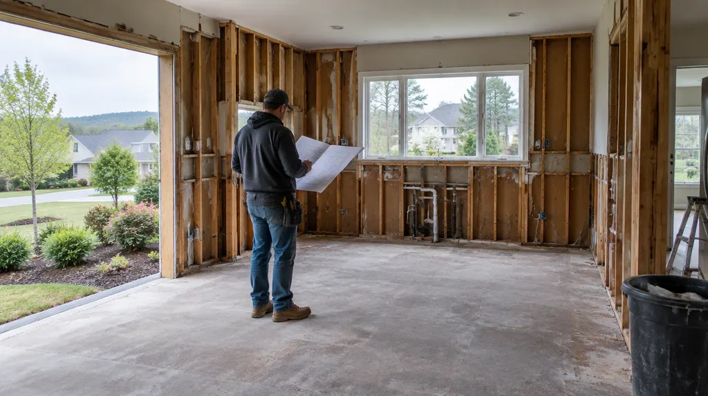 A contractor reviewing plans in a gutted kitchen in Fort Mill, SC