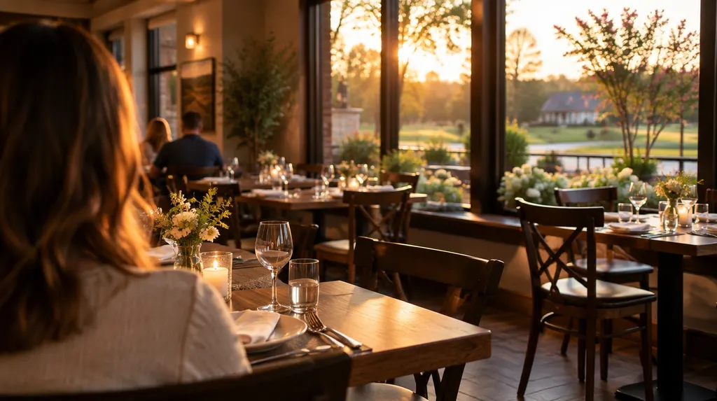 A cozy restaurant dining room with set tables in Fort Mill, SC