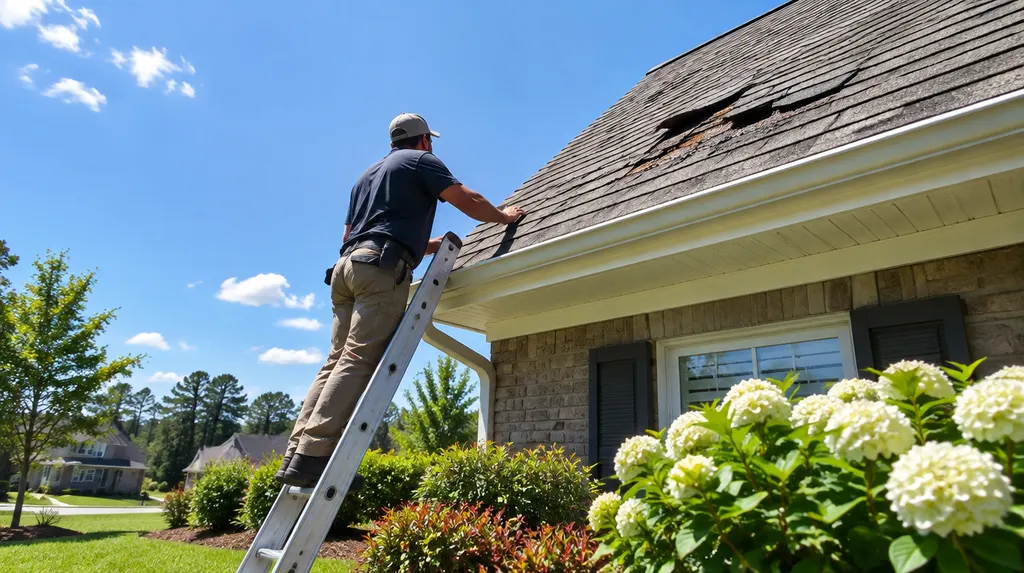 A roofer inspecting storm-damaged shingles from a ladder in Fort Mill, SC