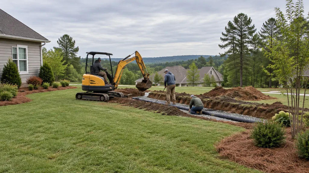 A crew repairing a drain field with a small excavator in Fort Mill, SC