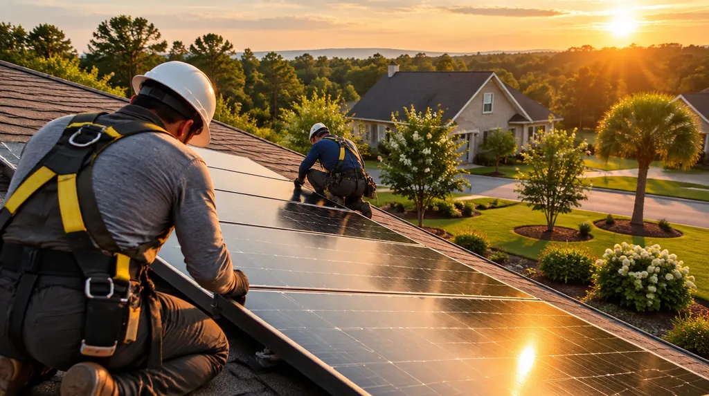 Installers mounting solar panels on a sunny roof in Fort Mill, SC