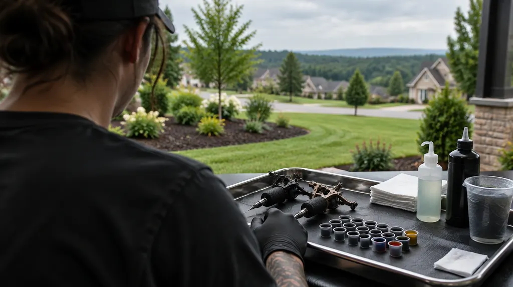 Tattoo machines and ink caps on a tray in Fort Mill, SC
