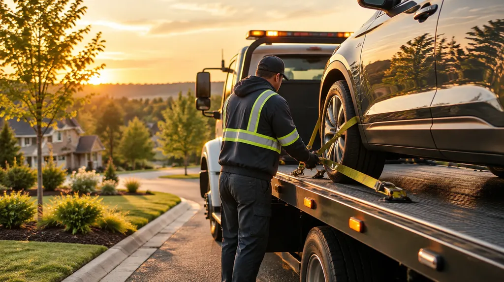 A tow truck driver securing a vehicle with straps in Fort Mill, SC