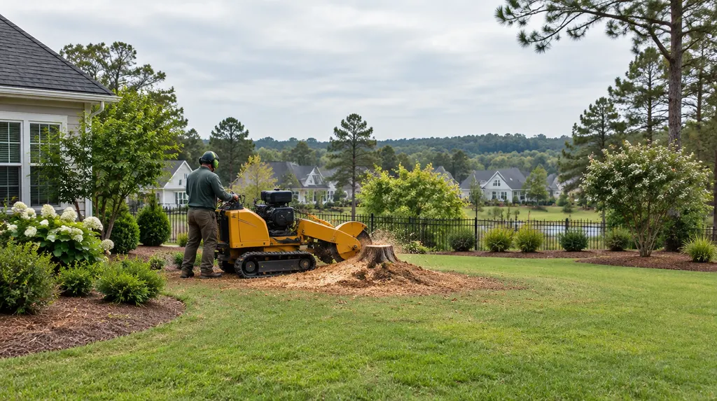 A stump grinder working in a sunny backyard in Fort Mill, SC