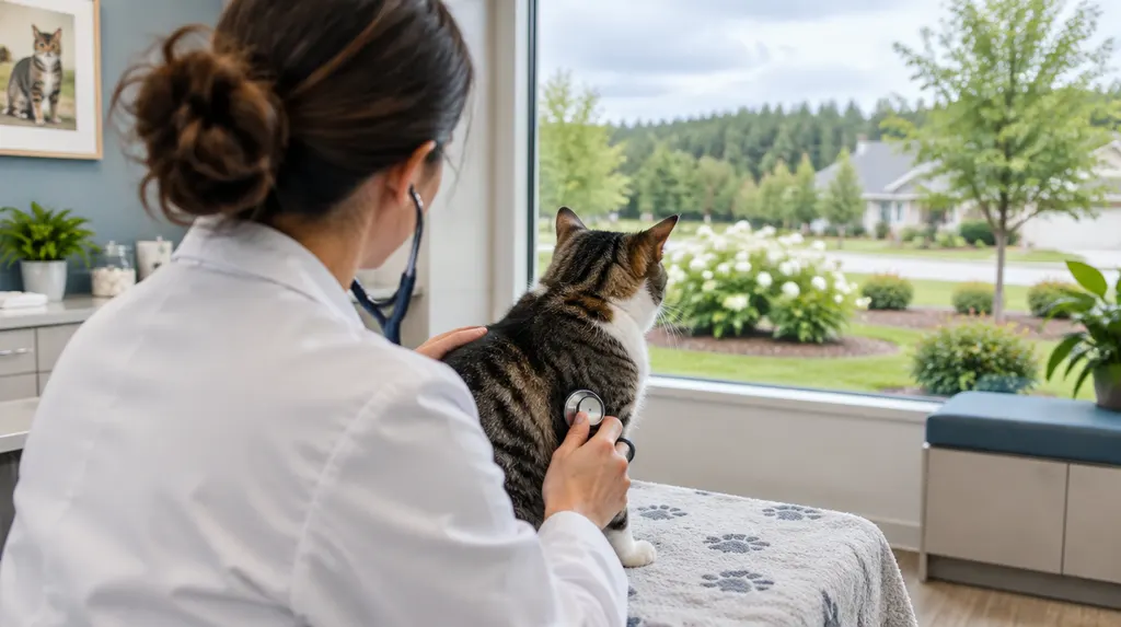 A vet checking a cat in a bright clinic in Fort Mill, SC