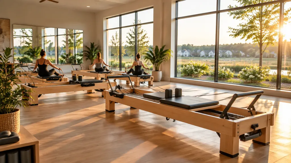 Pilates reformer machines in a bright studio in Fort Mill, SC