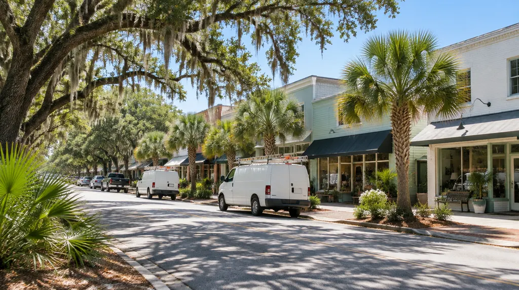 Local businesses along a street in Goose Creek, South Carolina