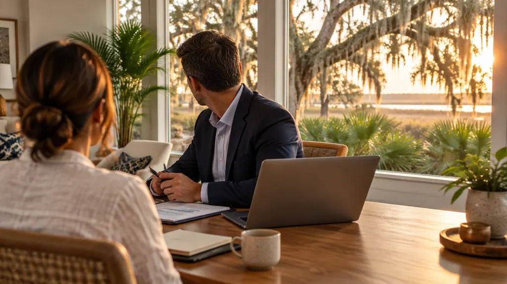 A CPA meeting a small business owner in a bright office in Goose Creek, SC