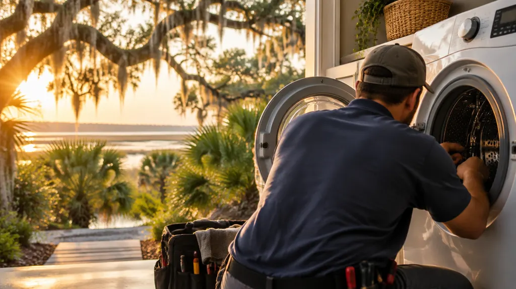 A technician fixing a front-load washer in Goose Creek, SC