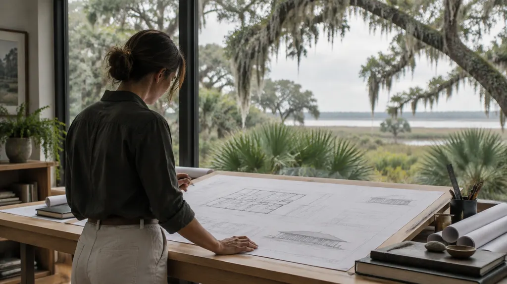 An architect reviewing blueprints at a drafting table in Goose Creek, SC