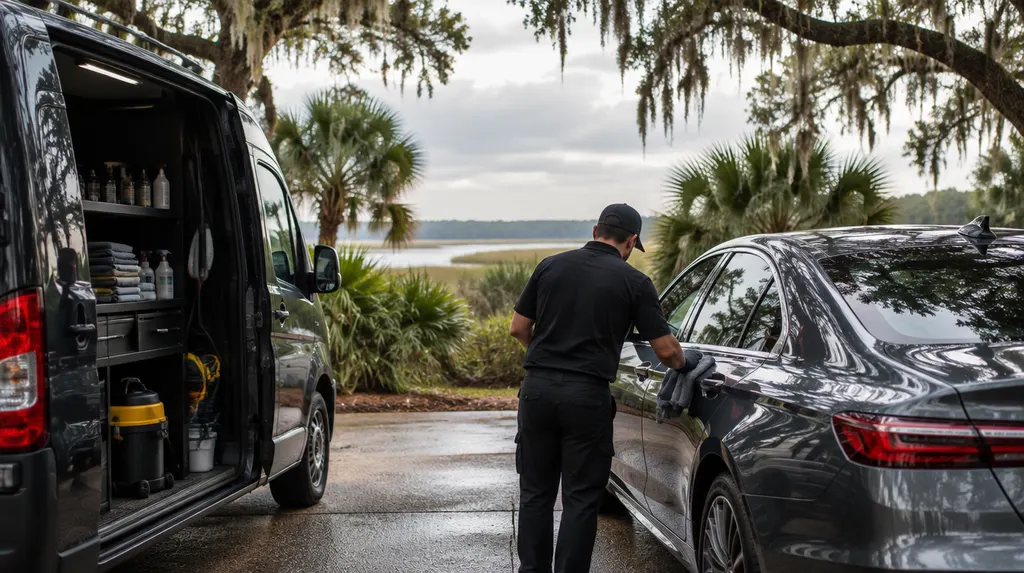 A mobile detailing van parked beside a gleaming sedan in Goose Creek, SC