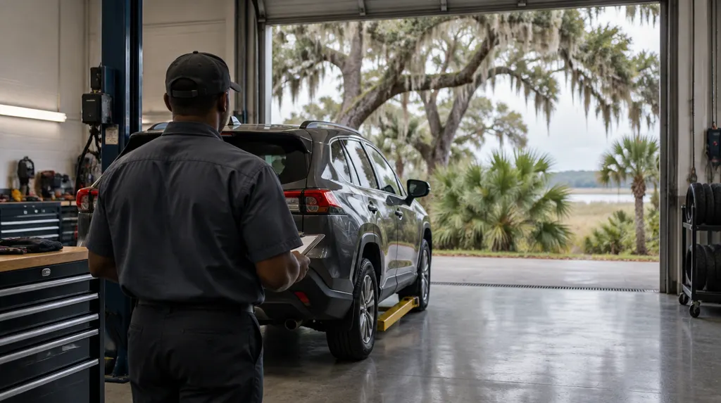 A clean auto shop service bay with a car inside in Goose Creek, SC