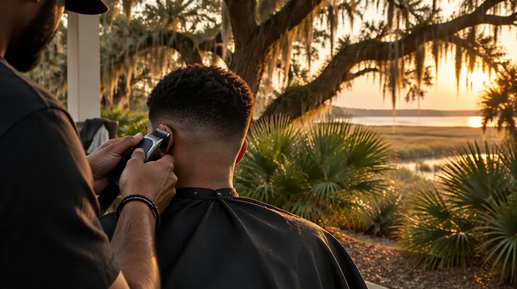 A barber trimming a fade with clippers in Goose Creek, SC
