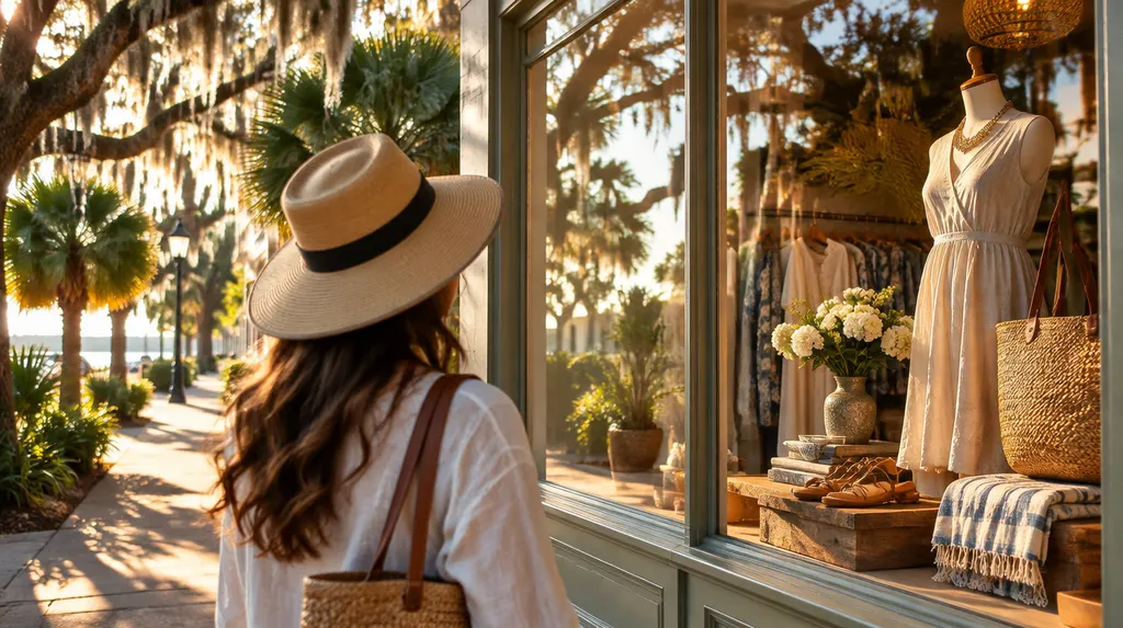 A boutique window display on a sunny street in Goose Creek, SC