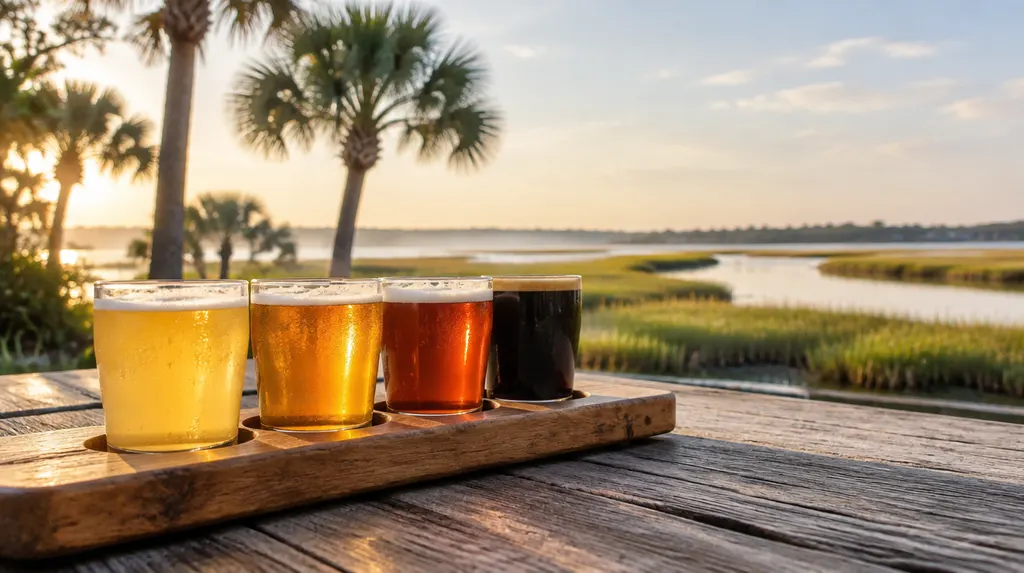 A flight of beers on a wooden board in Goose Creek, SC