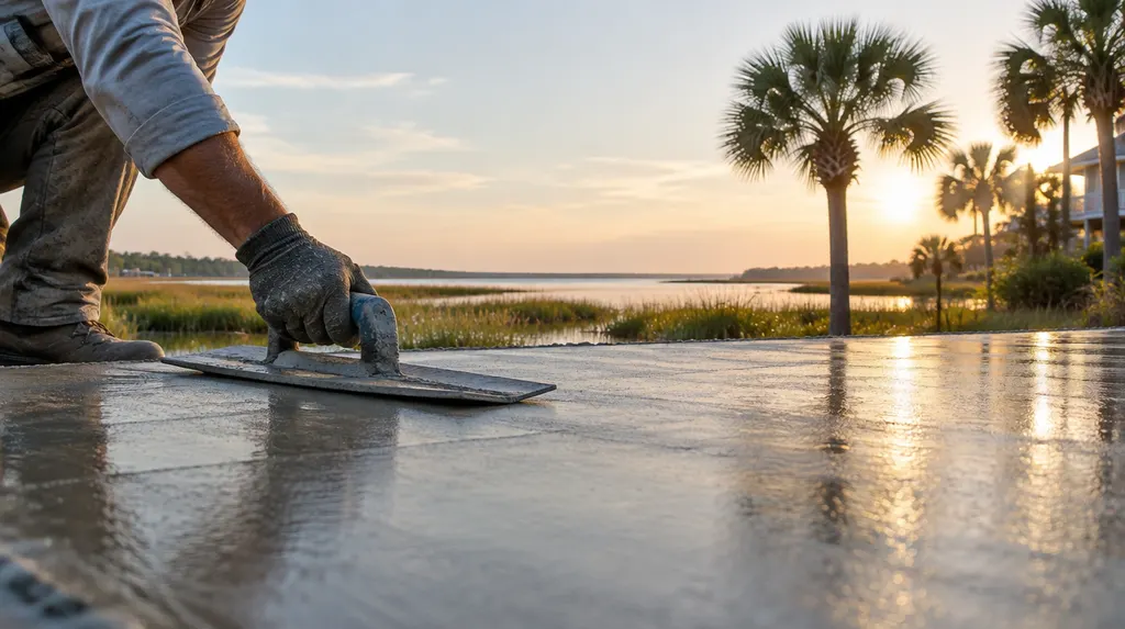 A finisher troweling a fresh patio slab in Goose Creek, SC