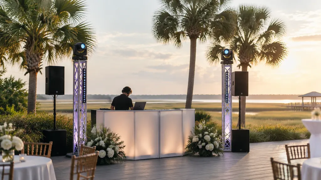 A DJ booth with lights at a wedding reception in Goose Creek, SC
