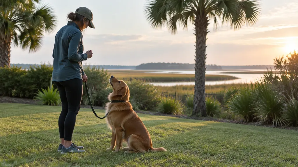 A trainer working with a dog on a leash in a yard in Goose Creek, SC