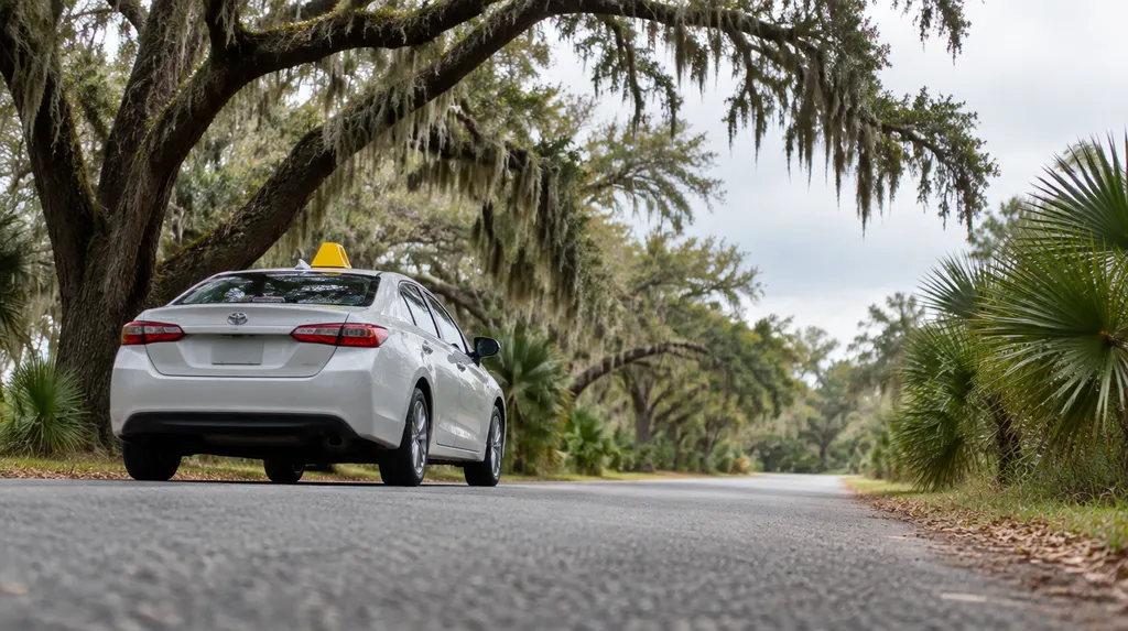 A student driver car on a quiet road in Goose Creek, SC