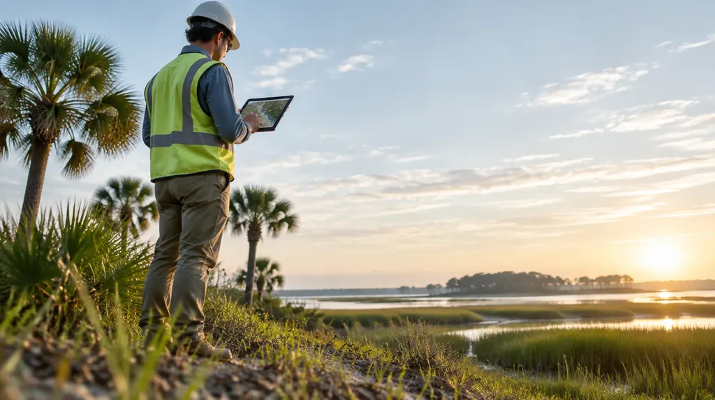 An engineer reviewing site plans on a tablet in Goose Creek, SC