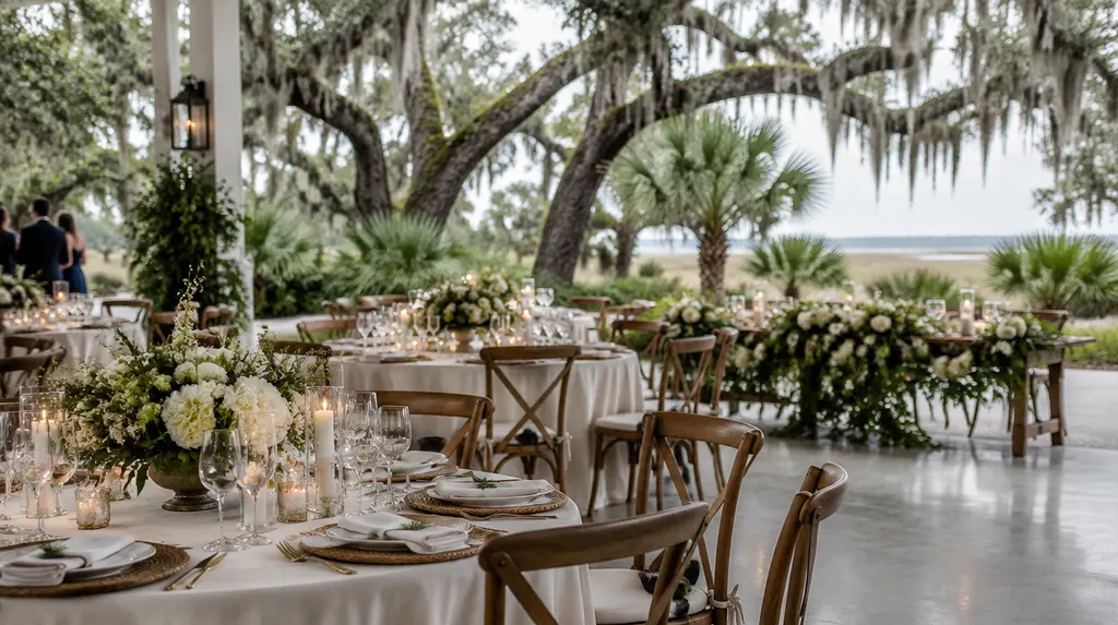 An elegant event venue set for a wedding reception in Goose Creek, SC