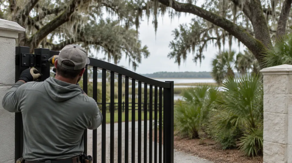 An installer hanging a black aluminum gate in Goose Creek, SC