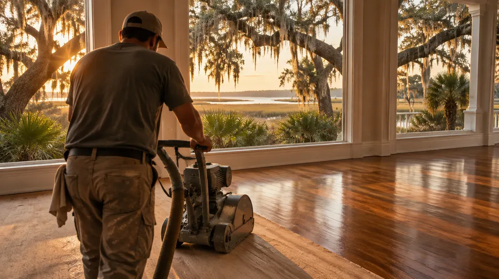 A craftsman refinishing a hardwood floor in Goose Creek, SC