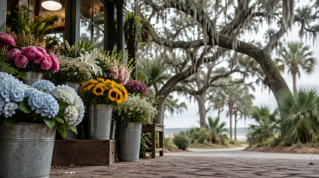 Buckets of fresh flowers in a shop in Goose Creek, SC