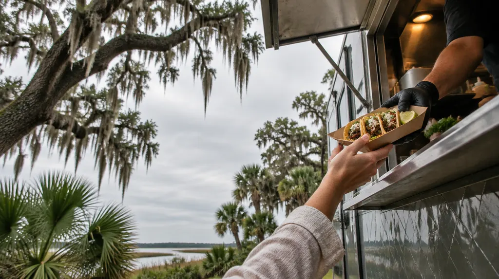 A food truck window with tacos being handed out in Goose Creek, SC