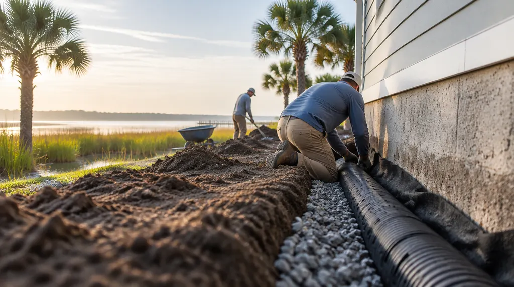 A crew installing drainage along a house foundation in Goose Creek, SC