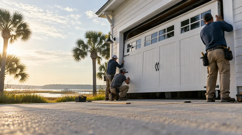 A crew installing a new carriage-style garage door in Goose Creek, SC