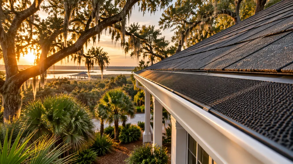 Close-up of new gutter guards on a roofline in Goose Creek, SC