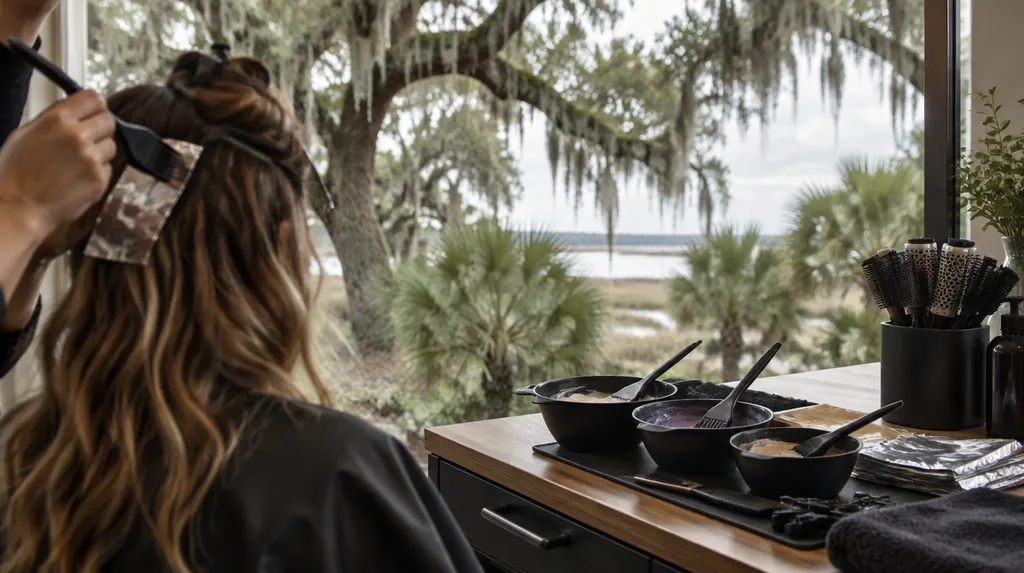 Hair color bowls and brushes on a salon station in Goose Creek, SC