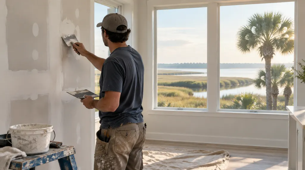 A handyman patching drywall in a bright room in Goose Creek, SC