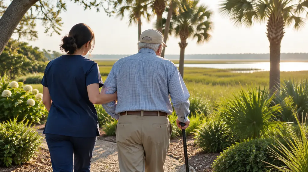 A caregiver helping an older man walk in a sunny garden in Goose Creek, SC