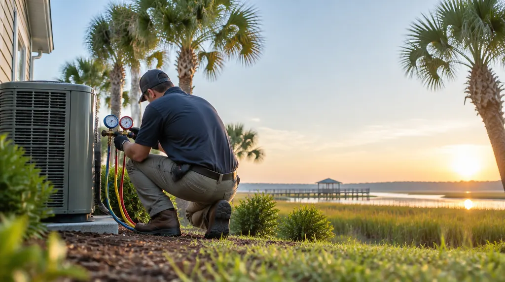A technician checking a heat pump with gauges in Goose Creek, SC