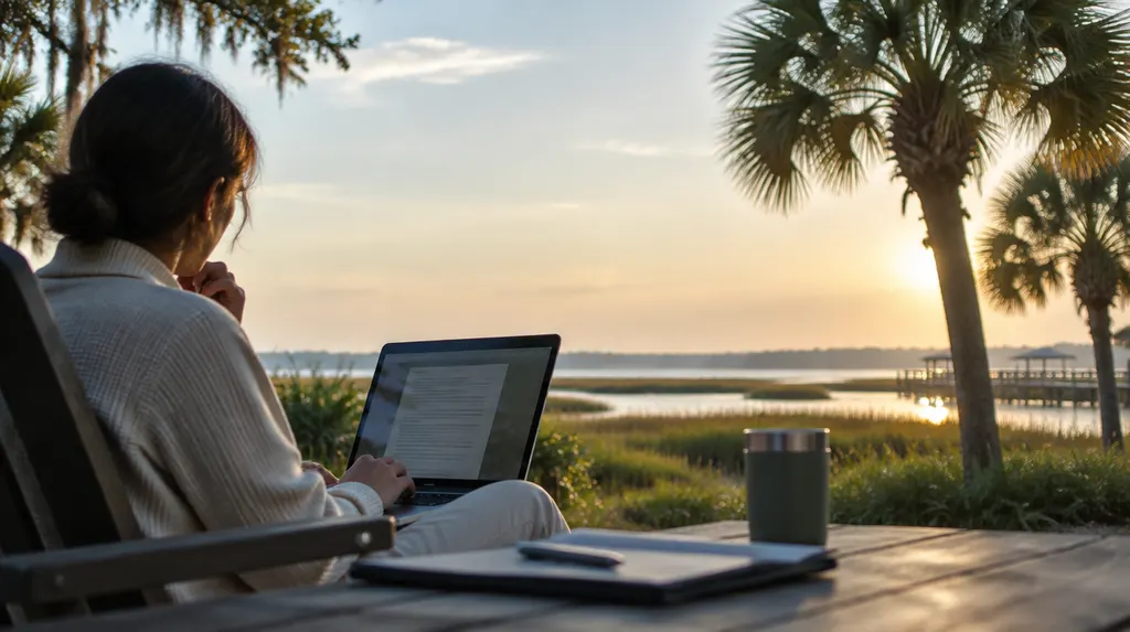An agent reviewing a policy on a laptop in Goose Creek, SC